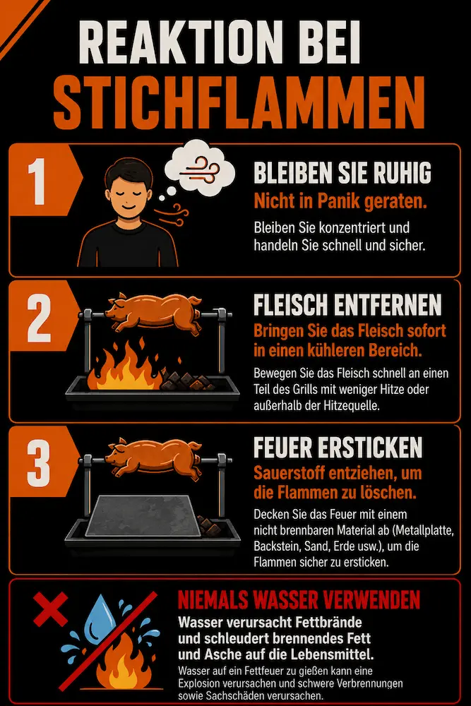 Reaktion auf Stichflammen beim Grillen mit sicherer Handhabung eines Fettfeuers durch Bewegen des Fleisches und Abdecken des Grills