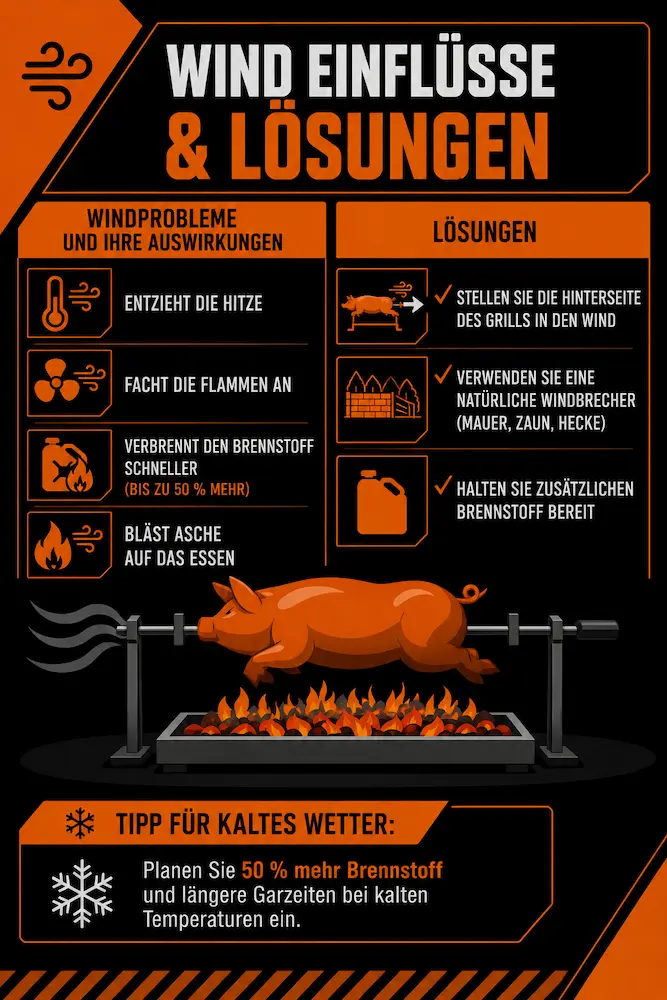 Windeinflüsse beim Grillen mit Problemen wie Wärmeverlust und Stichflammen sowie Lösungen zur Kontrolle des Windeinflusses